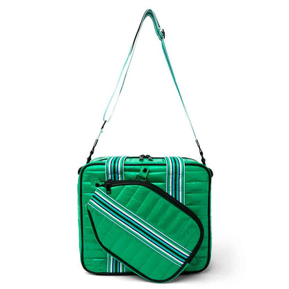 White patent Sporty Spice Pickleball Bag by Think Royln, featuring a sleek design and multiple compartments for sports gear storage.