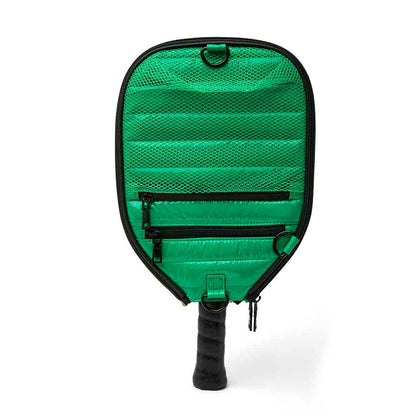 Think Royln Sporty Spice pickleball bag in white patent with sleek design and multiple compartments for sports gear storage.