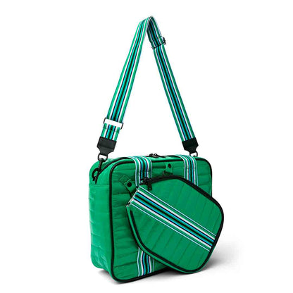 Think Royln Sporty Spice Pickleball Bag in white patent with sporty design, ideal for carrying pickleball gear and accessories.