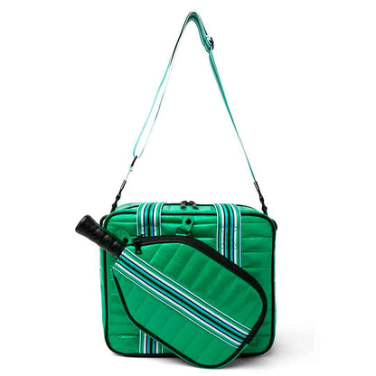 Think Royln Sporty Spice pickleball bag in white patent with sporty design and multiple compartments for accessories and paddles.
