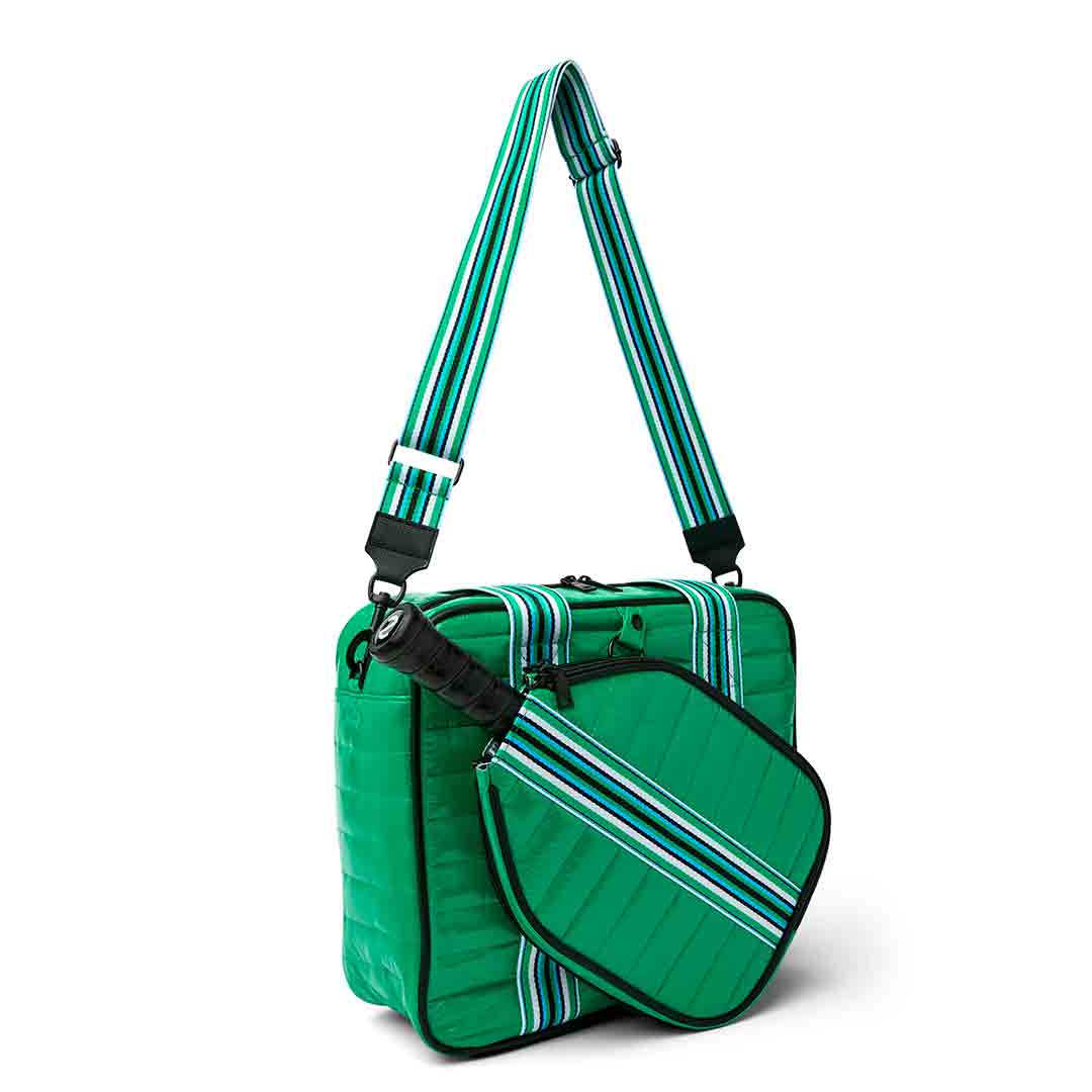 White patent Sporty Spice Pickleball Bag by Think Royln featuring multiple compartments and sporty design for pickleball gear storage.