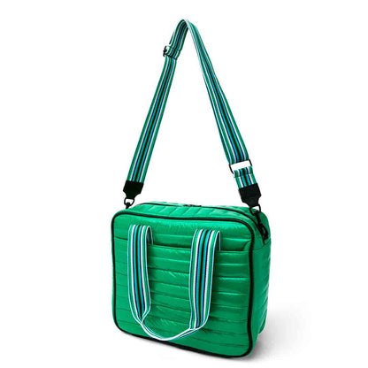 White patent Sporty Spice pickleball bag by Think Royln, stylish bag with multiple compartments for pickleball gear.