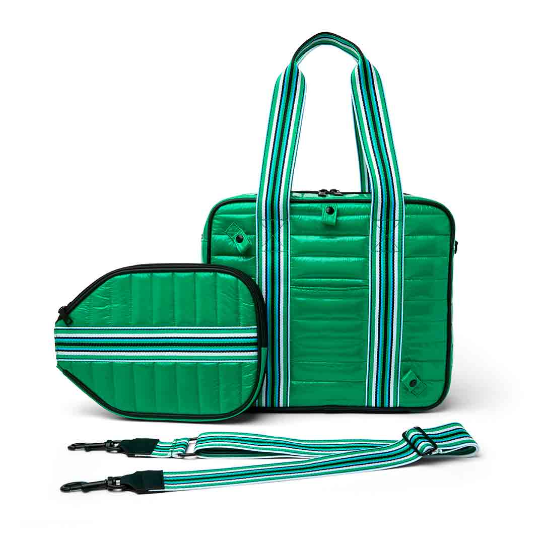 Think Royln Sporty Spice pickleball bag in white patent with sporty design and multiple compartments for gear storage.