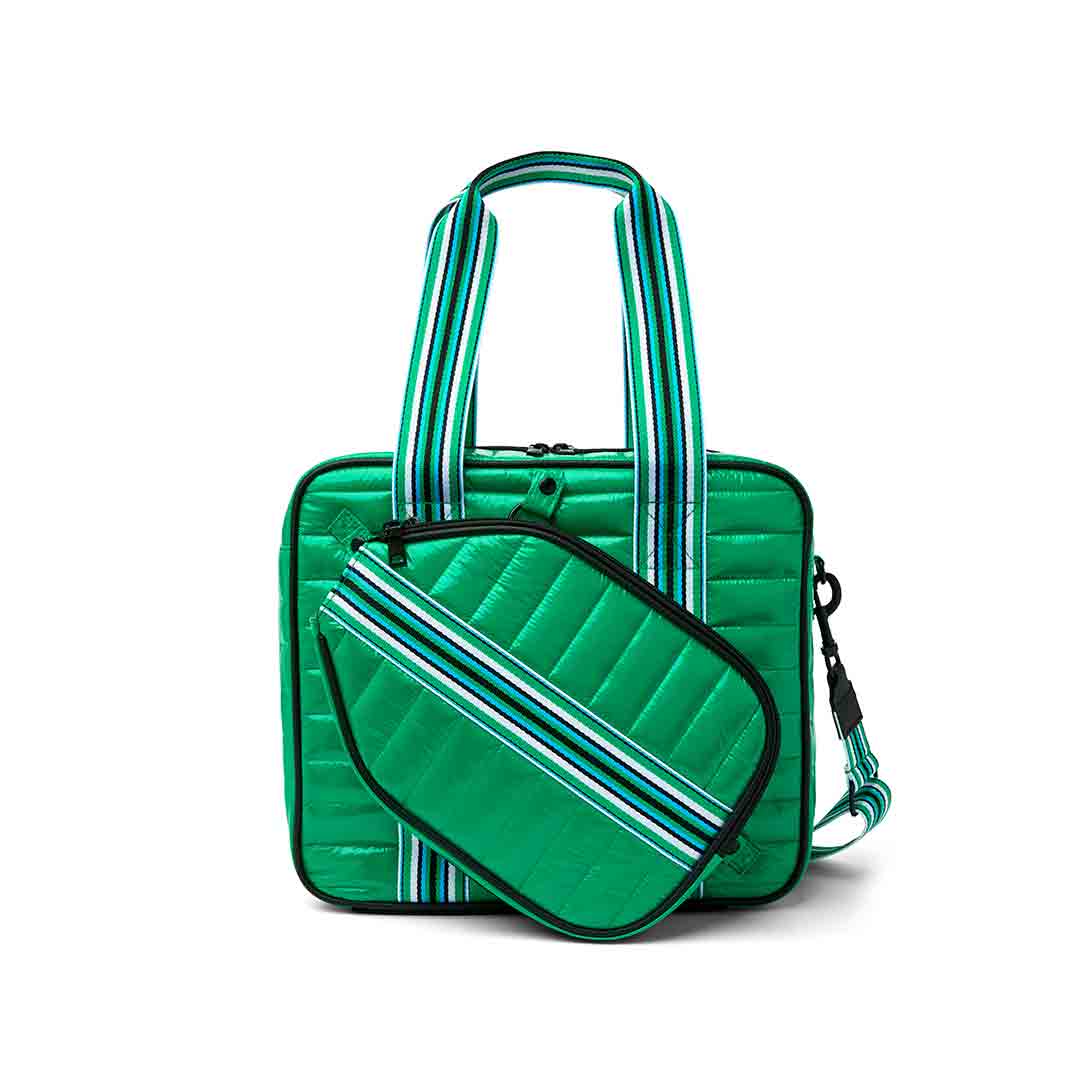 Think Royln Sporty Spice pickleball bag in white patent with sporty design, spacious storage, and durable handles.