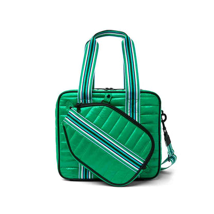 Think Royln Sporty Spice pickleball bag in white patent with sporty design, spacious storage, and durable handles.