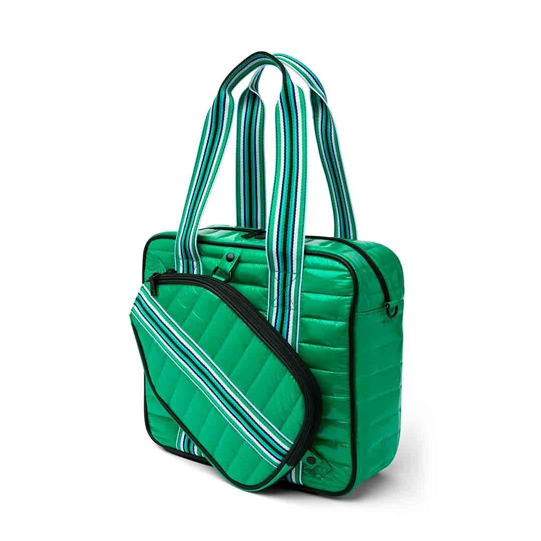 White patent Pickleball bag by Think Royln featuring sporty design and multiple compartments for gear storage