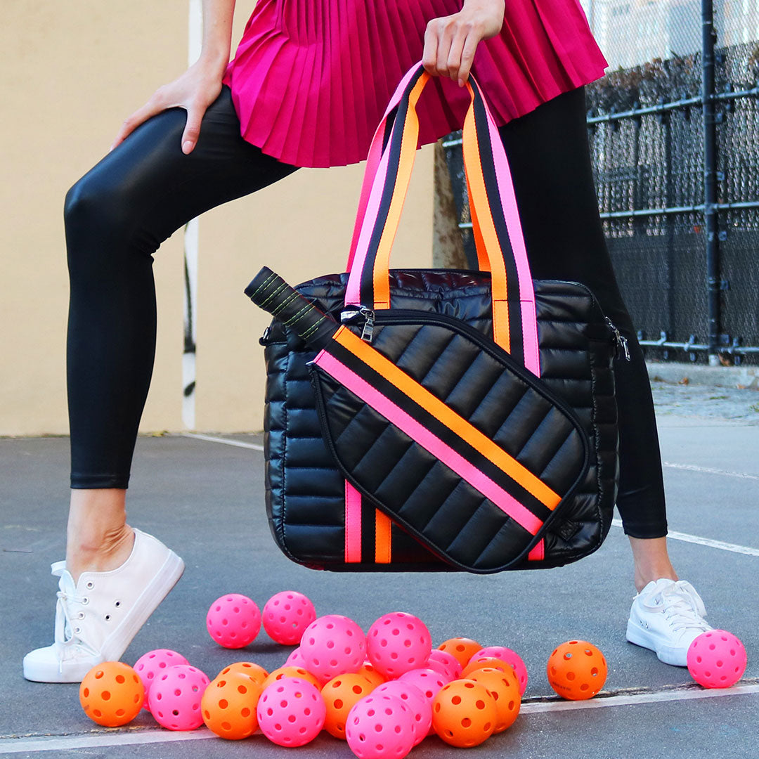 Think Royln Sporty Spice pickleball bag in white patent with sporty design, perfect for carrying pickleball gear and accessories.