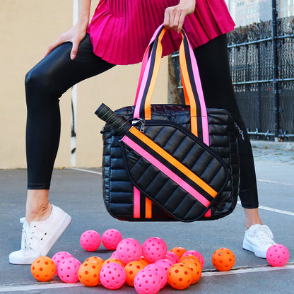 Think Royln Sporty Spice pickleball bag in white patent with sporty design, perfect for carrying pickleball gear and accessories.