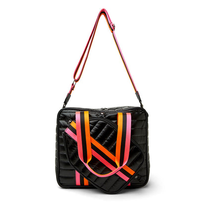 Think Royln Sporty Spice pickleball bag in white patent with sporty design, featuring multiple compartments for accessories and gear.