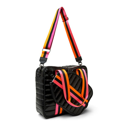 White patent Sporty Spice Pickleball Bag by Think Royln with multiple compartments and sporty design for pickleball gear storage.