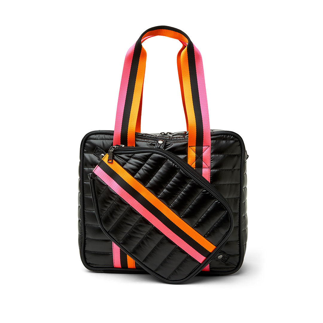 White patent Sporty Spice pickleball bag by Think Royln with multiple compartments and sporty design for tennis or pickleball players.