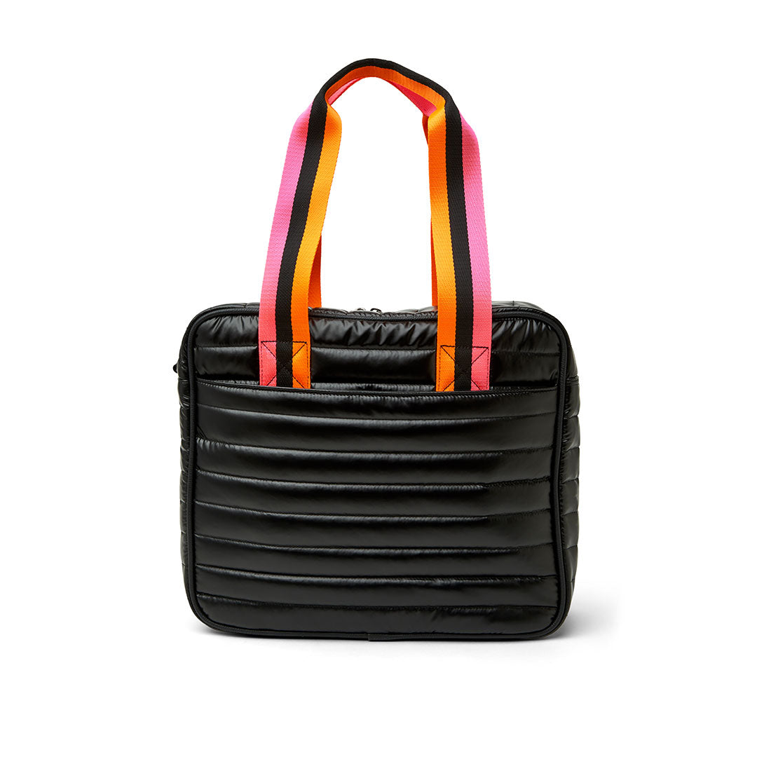 White patent Sporty Spice pickleball bag by Think Royln with multiple compartments and sporty design.
