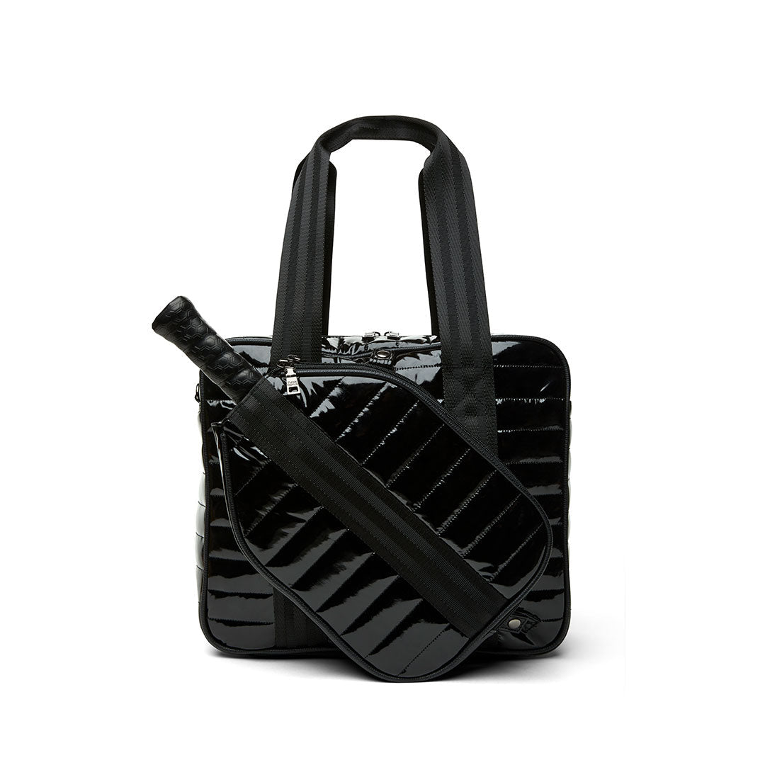 White patent Sporty Spice Pickleball Bag by Think Royln with multiple compartments and sporty design for pickleball gear storage.