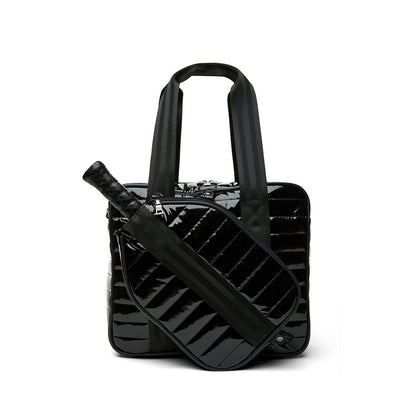 White patent Sporty Spice Pickleball Bag by Think Royln with multiple compartments and sporty design for pickleball gear storage.