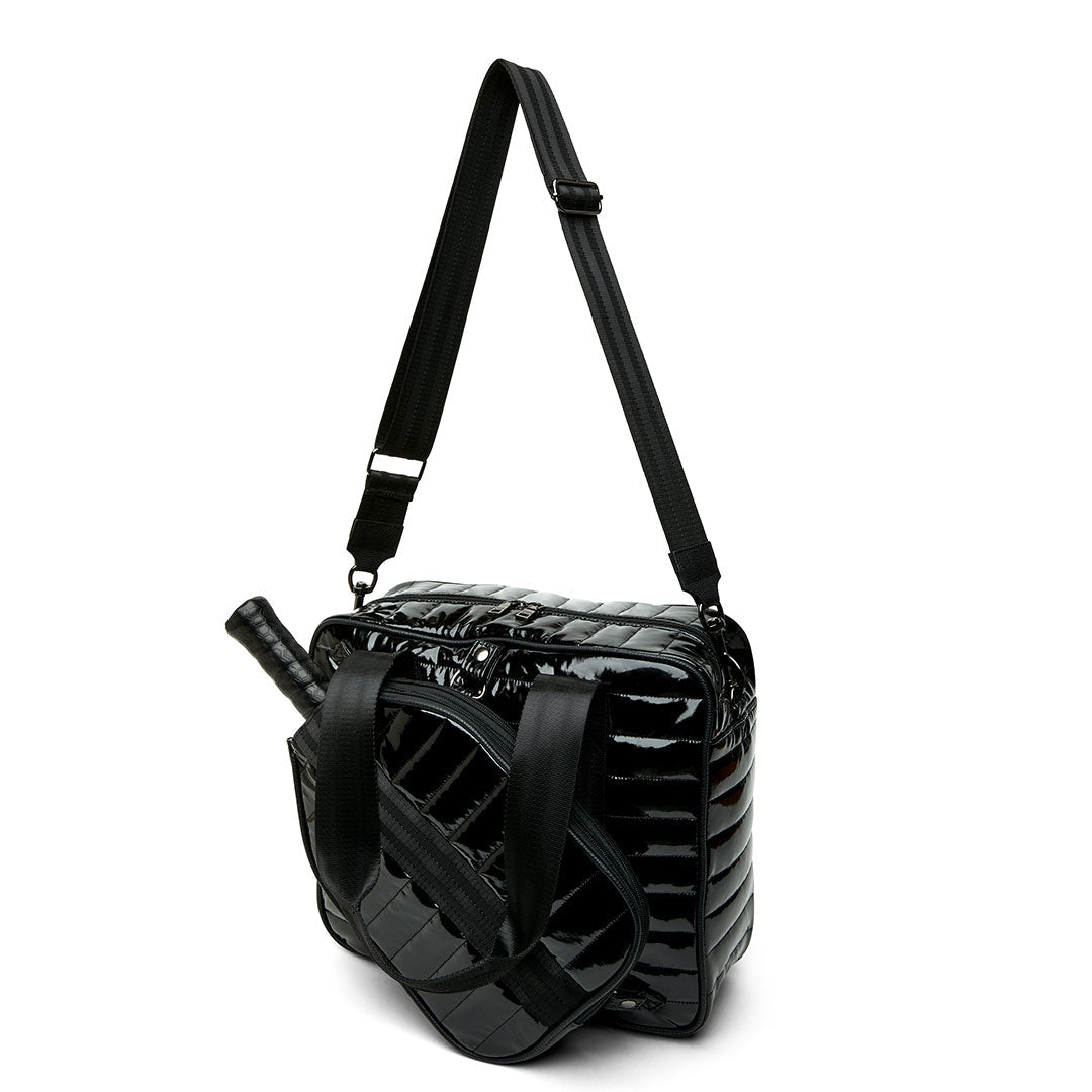 White patent Sporty Spice pickleball bag by Think Royln with multiple compartments and sporty design for convenient storage