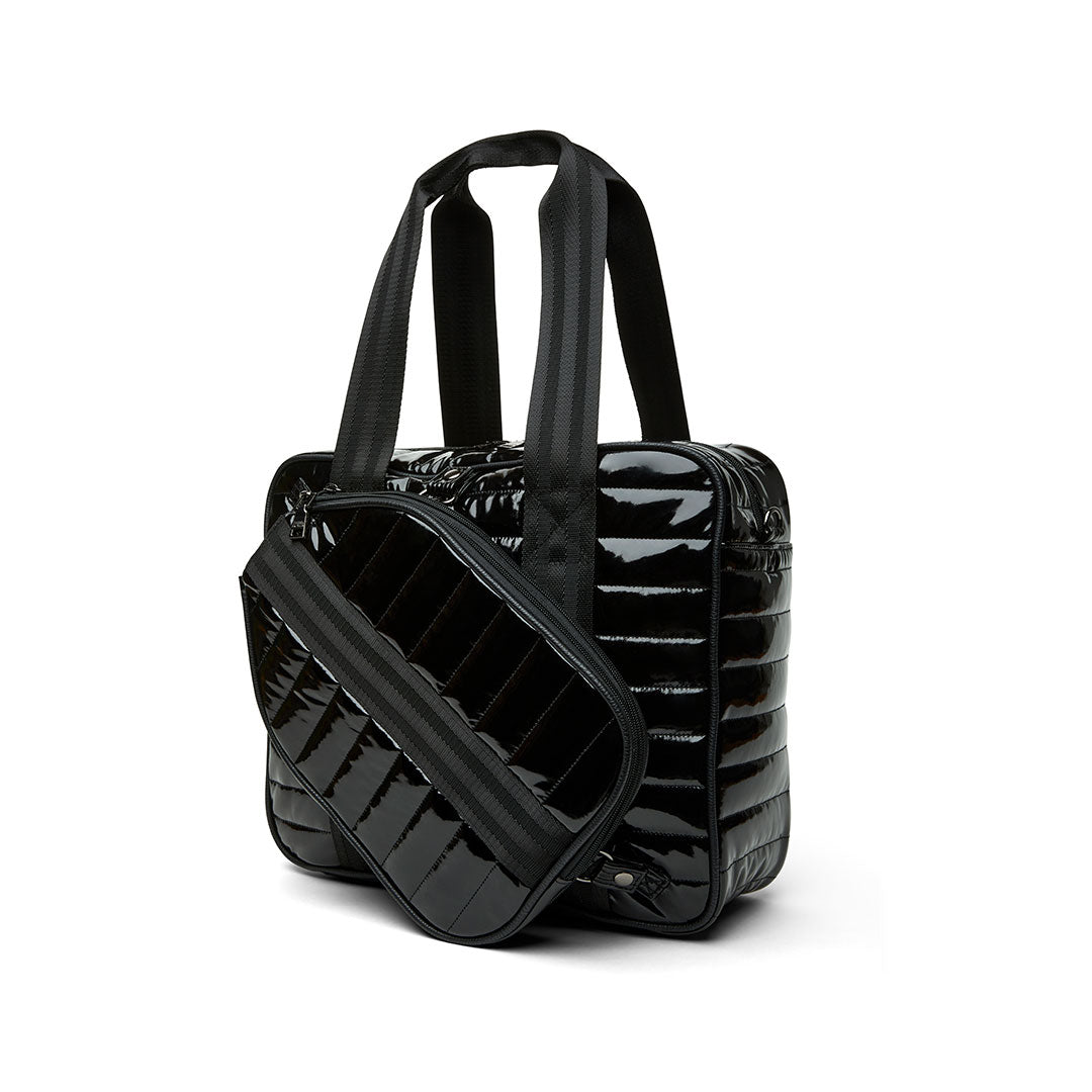 White patent Sporty Spice Pickleball Bag by Think Royln with sleek design and multiple compartments for sports gear.