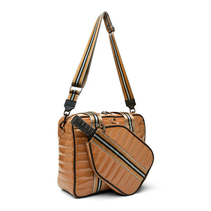 White patent Sporty Spice Pickleball Bag by Think Royln featuring a sleek, sporty design with multiple compartments for accessories.