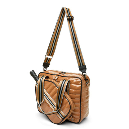 White patent Sporty Spice pickleball bag by Think Royln with multiple compartments and sporty design.