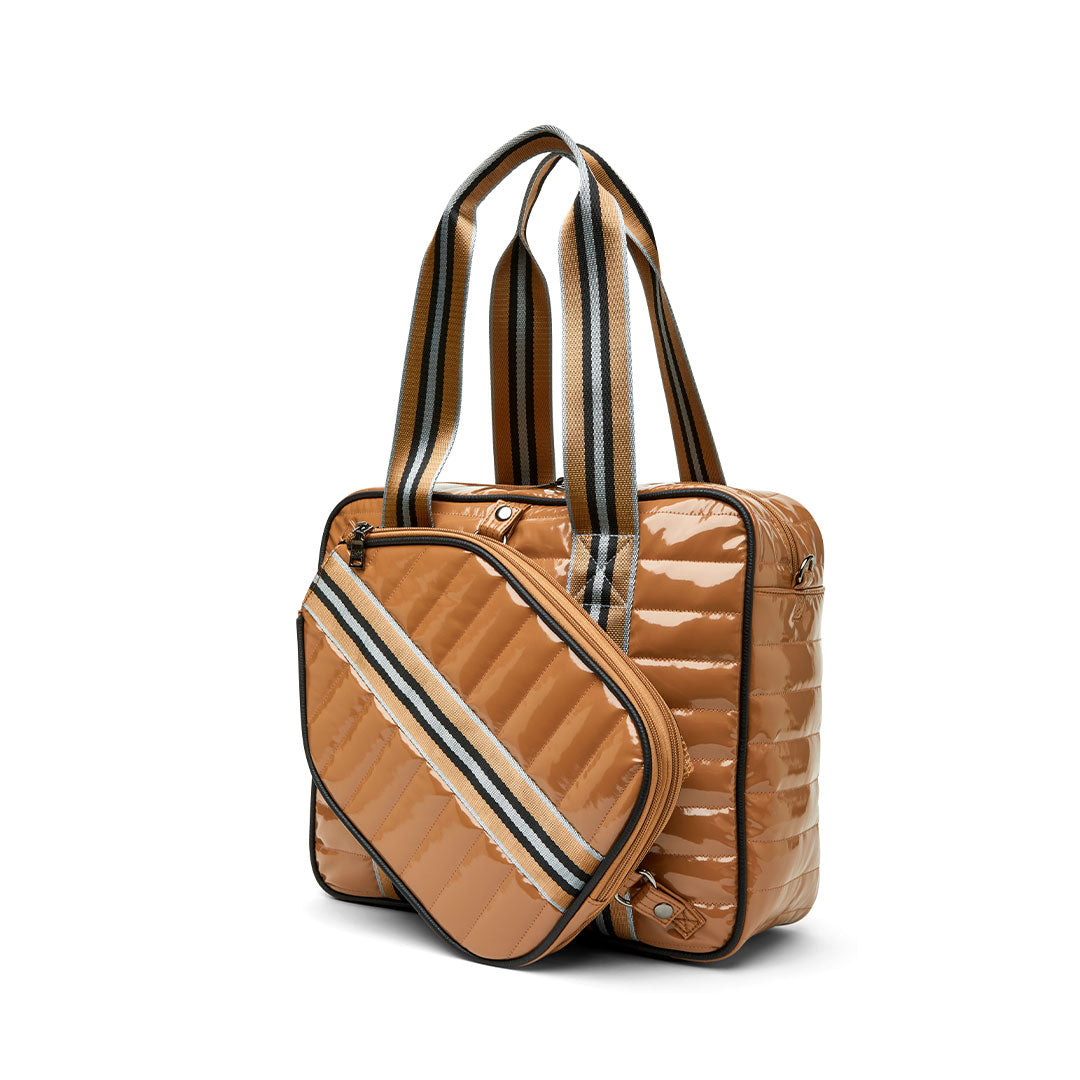 White patent Sporty Spice Pickleball Bag by Think Royln with multiple compartments and sporty design for pickleball gear storage.