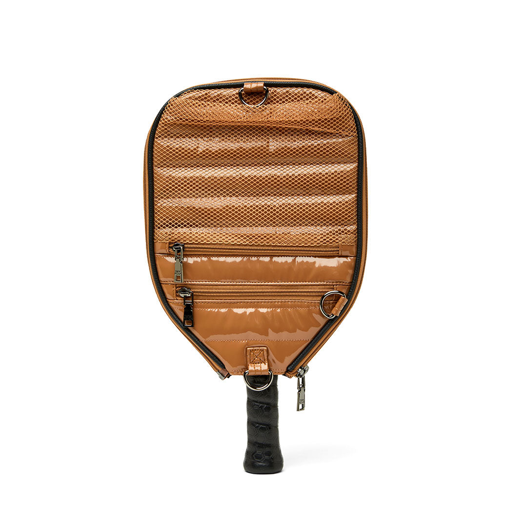 White patent Sporty Spice Pickleball Bag by Think Royln with sleek design and multiple compartments for sports gear storage.