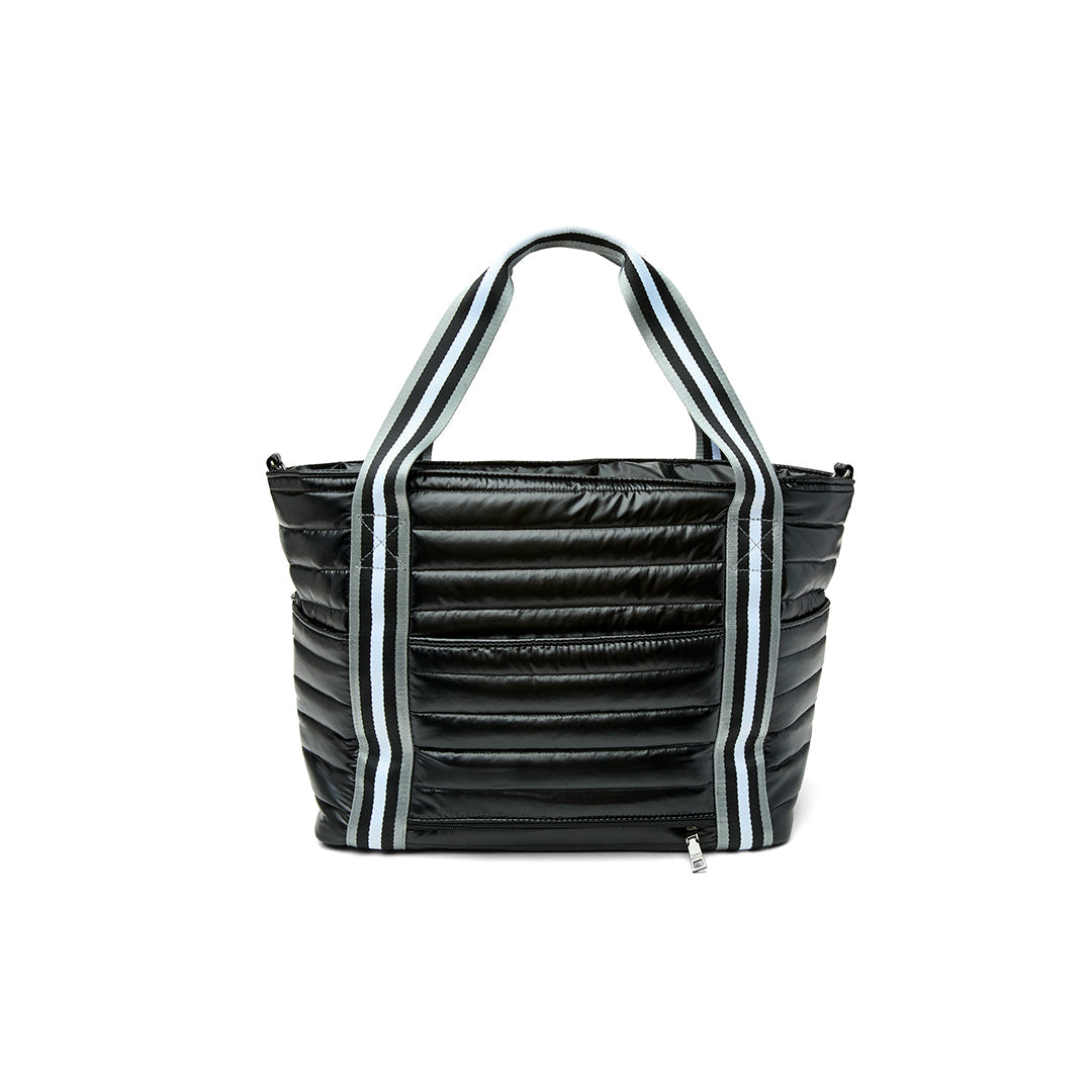Black patent Love Royln tennis bag by Think Royln featuring sleek design and spacious storage for tennis gear.