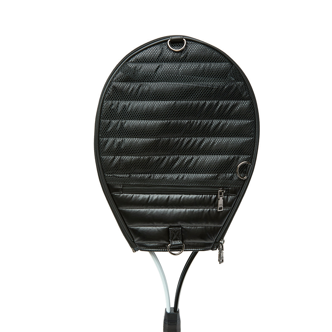 Black patent Love Royln tennis bag by Think Royln featuring sleek design and spacious compartments for tennis gear.