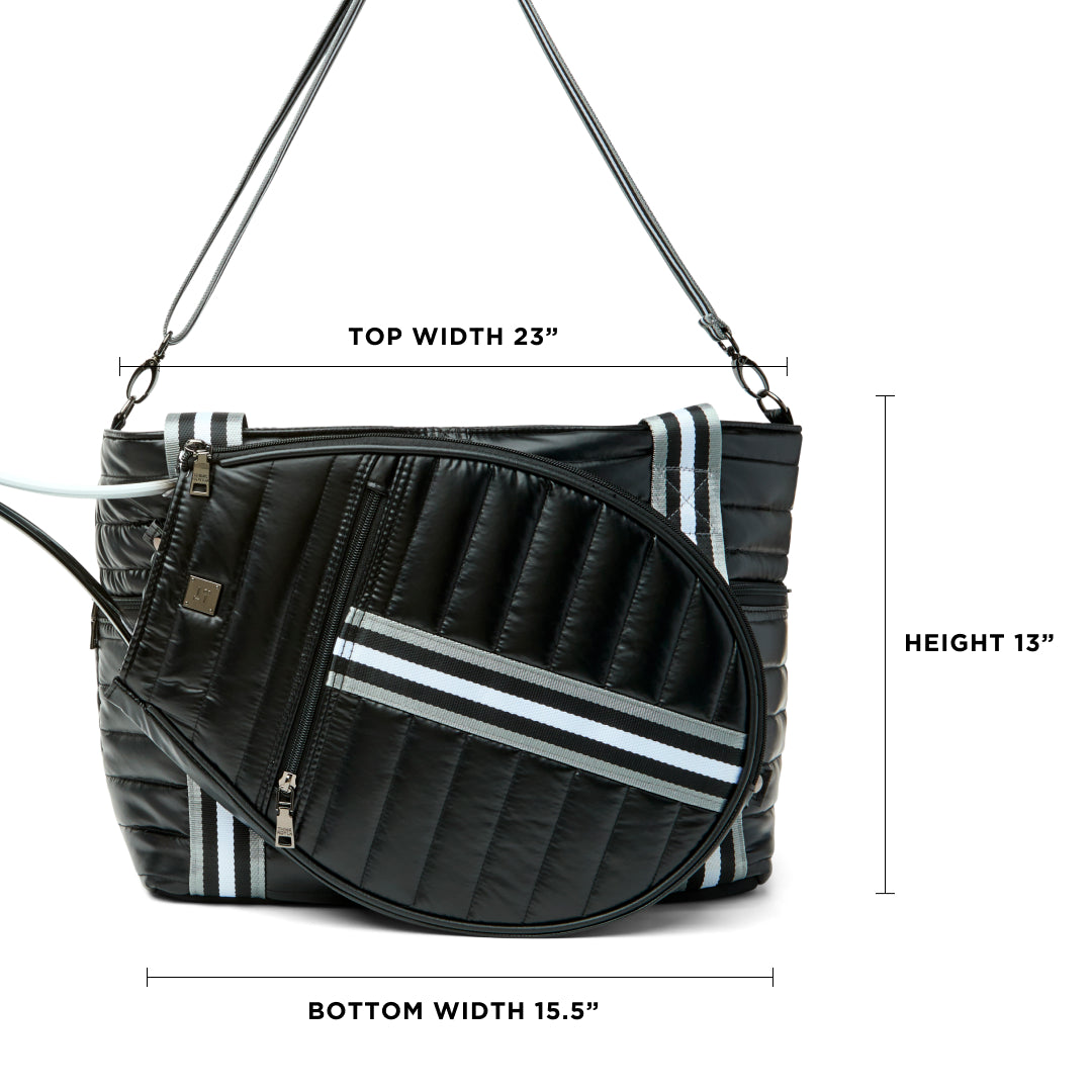 Black patent Love Royln tennis bag by Think Royln with sleek design and spacious compartments for tennis gear.