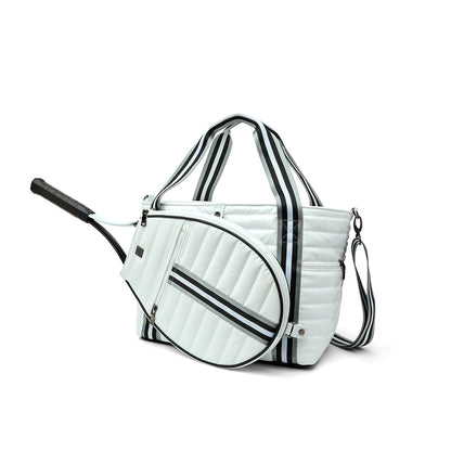 Black patent Love Royln tennis bag by Think Royln with sleek design and multiple compartments for tennis gear.