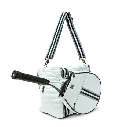 Black patent Love Royln tennis bag by Think Royln with sleek design and spacious interior for tennis gear and accessories.