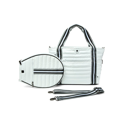 Black patent Love Royln tennis bag by Think Royln with sleek design and spacious interior for tennis gear storage.