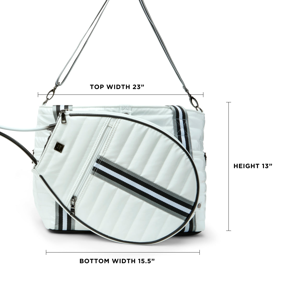 Black patent Love Royln tennis bag by Think Royln with sleek design and spacious interior for sports and travel.