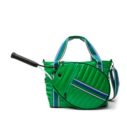 Black patent Love Royln tennis bag by Think Royln featuring a sleek, stylish design with handles and a spacious interior.