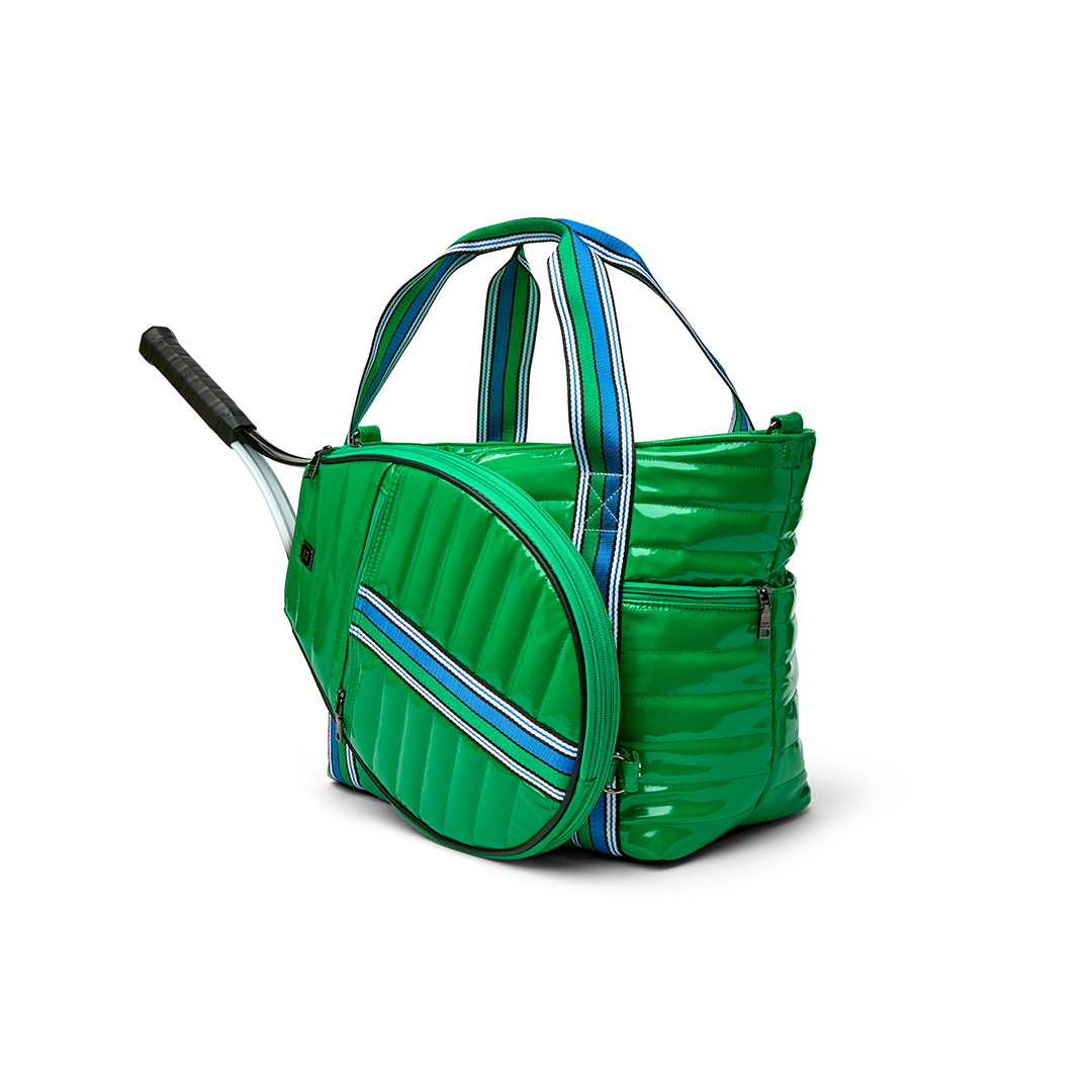 Black patent Love Royln tennis bag by Think Royln with sleek design and spacious compartments for sports gear and accessories.