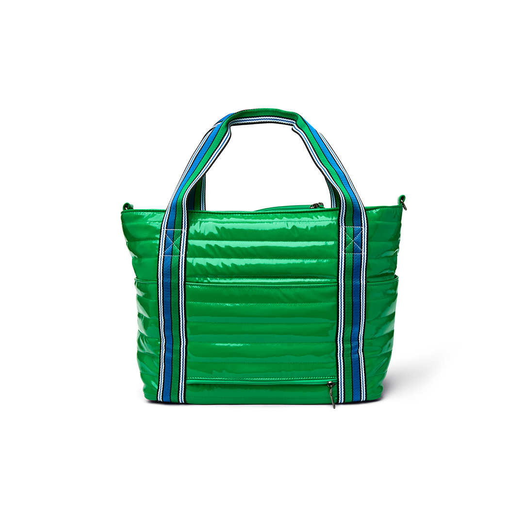 Black patent Love Royln tennis bag by Think Royln with top handles and spacious interior for sports and casual use.