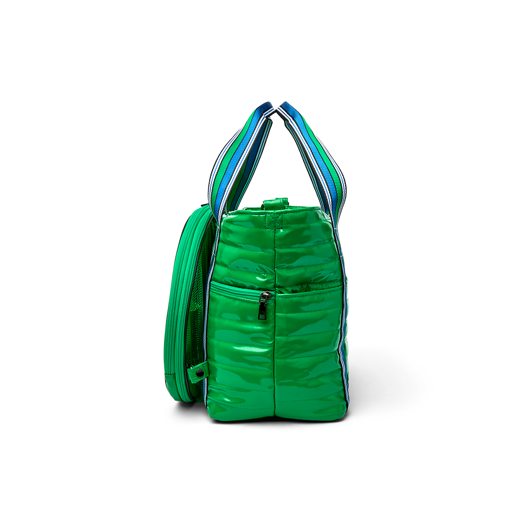 Black patent Love Royln tennis bag by Think Royln with sleek design and spacious compartments for tennis gear.