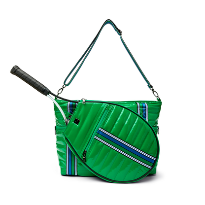 Black patent Love Royln tennis bag by Think Royln with sleek design and spacious interior for tennis gear and accessories.