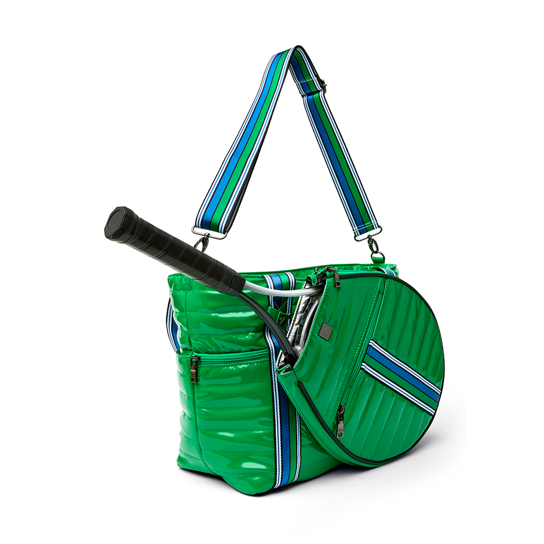 Black patent Love Royln tennis bag by Think Royln with sleek design and ample storage for tennis gear