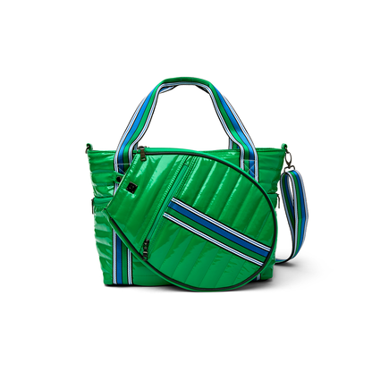 Black patent Love Royln tennis bag by Think Royln with sleek design and spacious compartments for tennis gear storage.