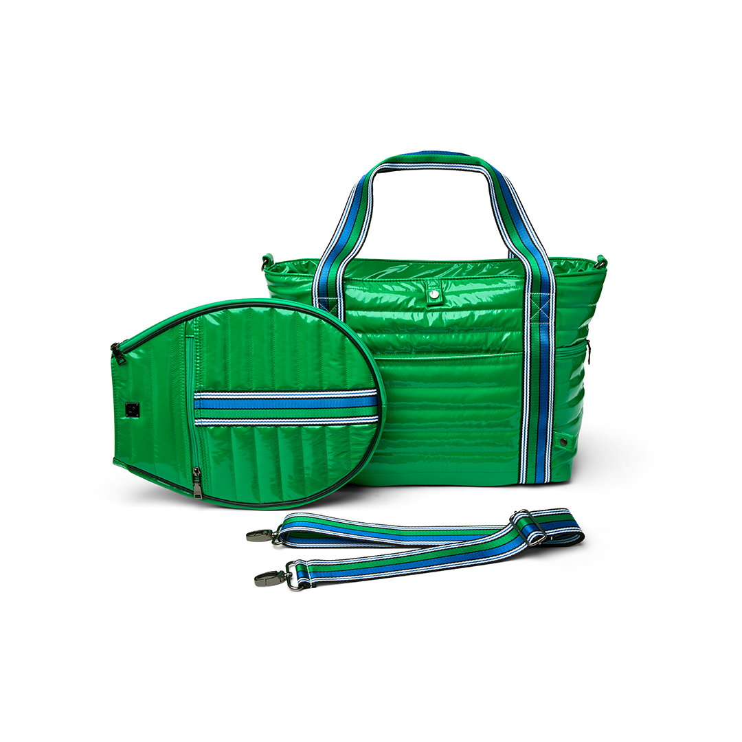 Black patent Love Royln tennis bag from Think Royln with sleek design and spacious compartments for tennis accessories.