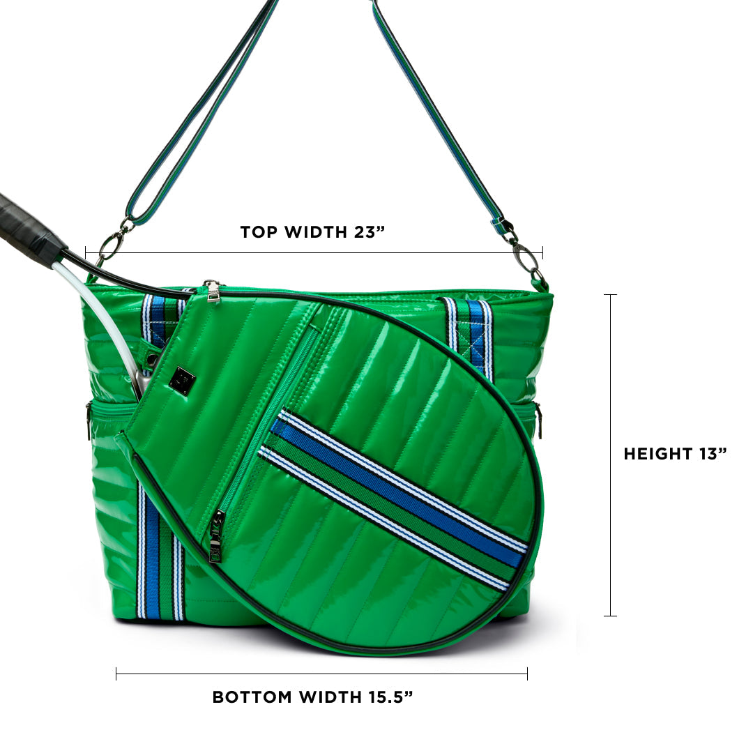 Black patent Love Royln tennis bag by Think Royln with sleek design and spacious interior for tennis accessories.