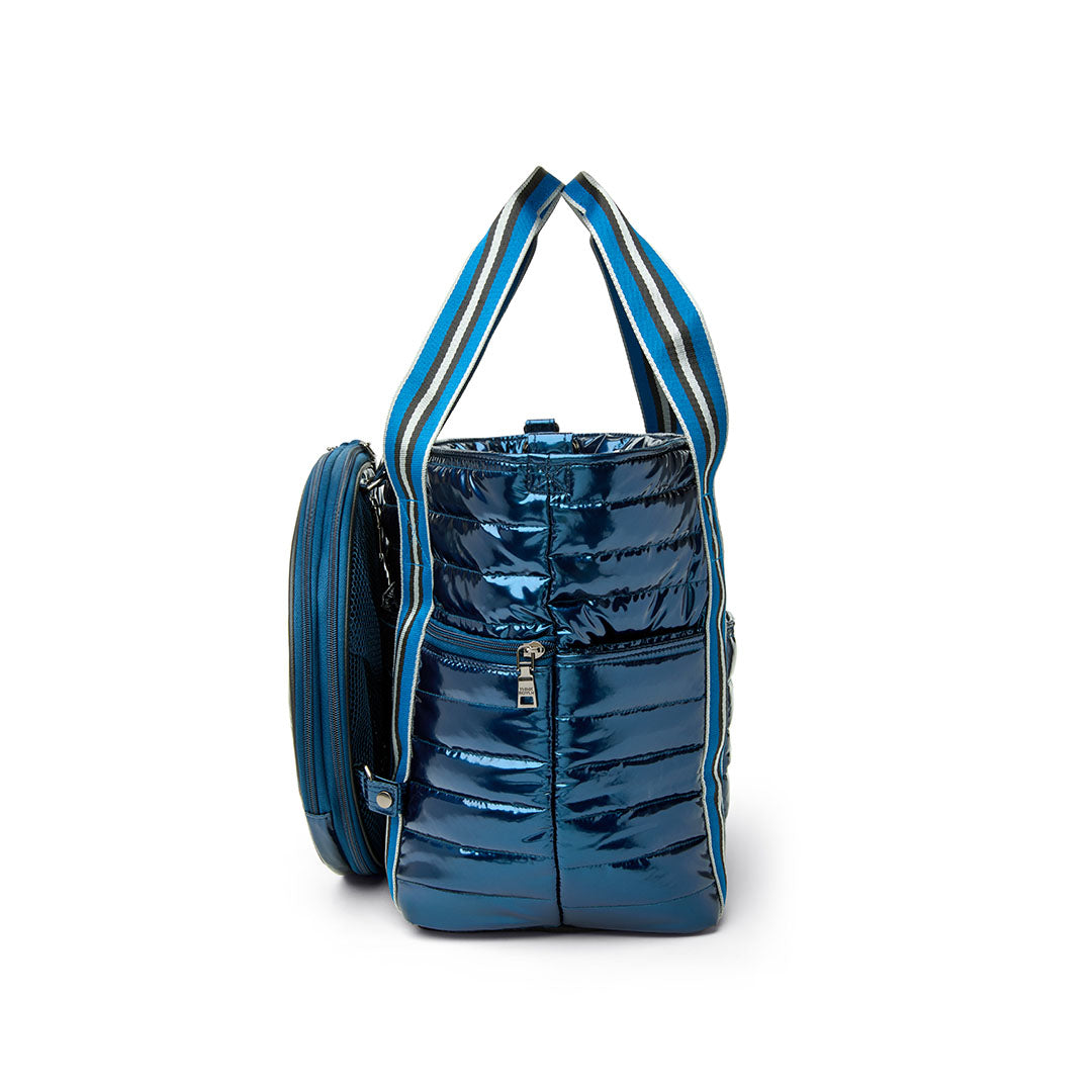 Black patent Love Royln tennis bag by Think Royln with sleek design and spacious interior for tennis gear storage.