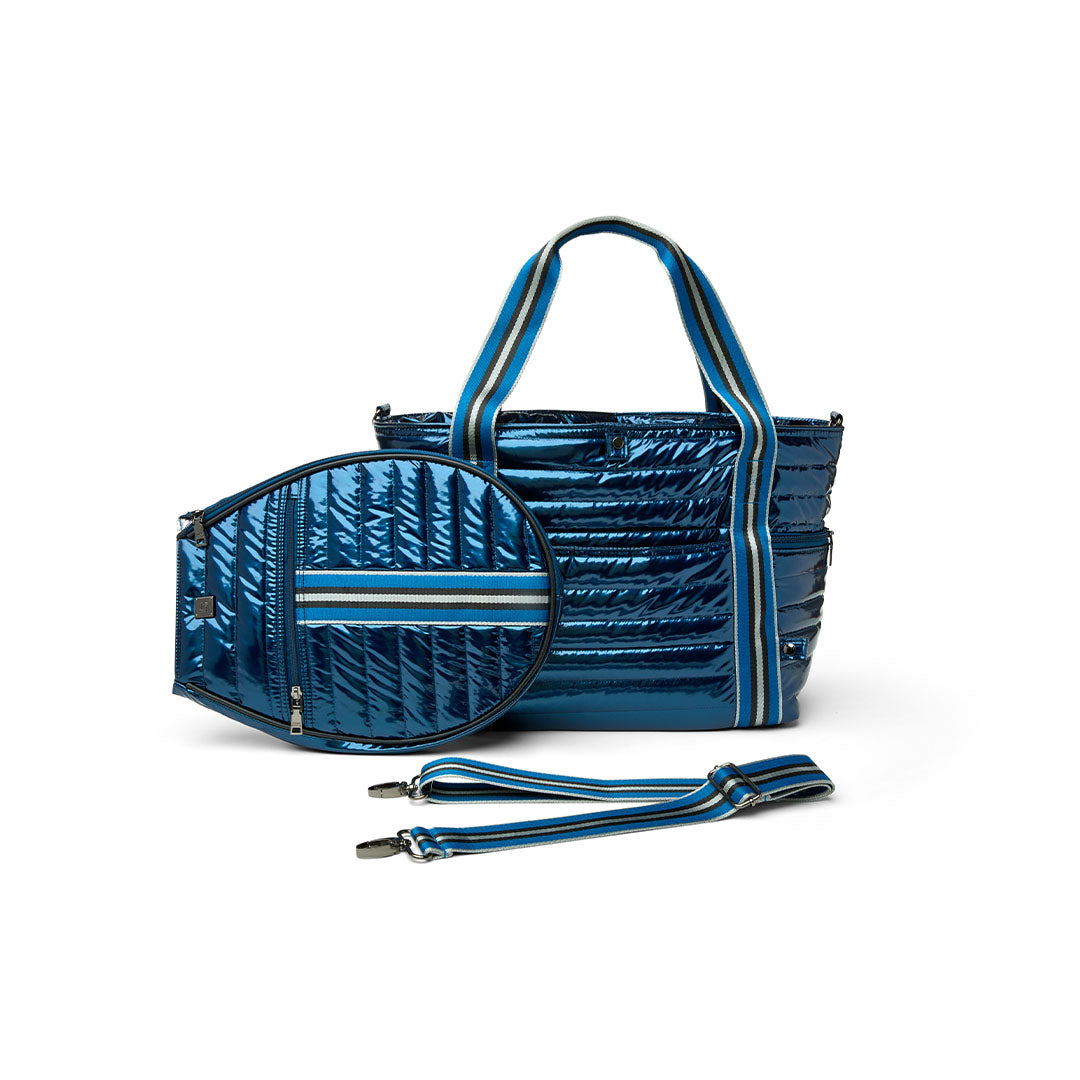 Black patent Love Royln tennis bag by Think Royln with top handles and spacious interior for tennis gear.