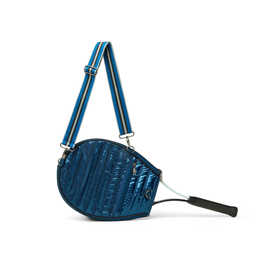 Black patent Love Royln tennis bag by Think Royln with sleek design and spacious compartments for tennis accessories and gear.