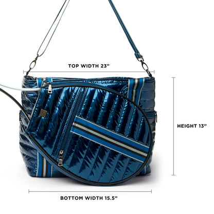 Black patent Love Royln tennis bag by Think Royln with sleek design and multiple compartments for tennis gear storage.