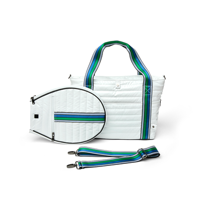 Black patent Love Royln tennis bag by Think Royln with sleek design, featuring multiple compartments and stylish handles.