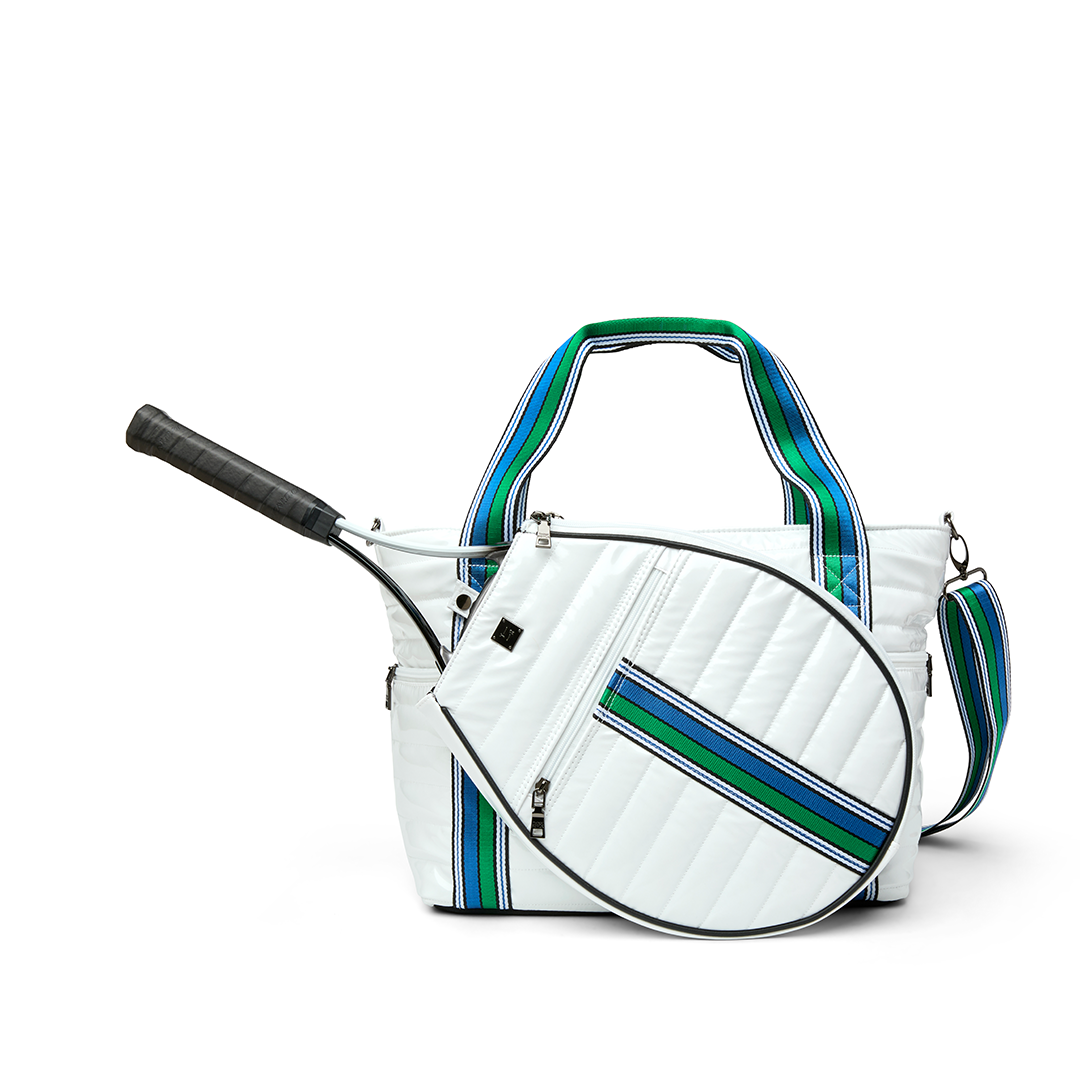 Black patent Love Royln tennis bag by Think Royln with sleek design and spacious interior for tennis accessories.