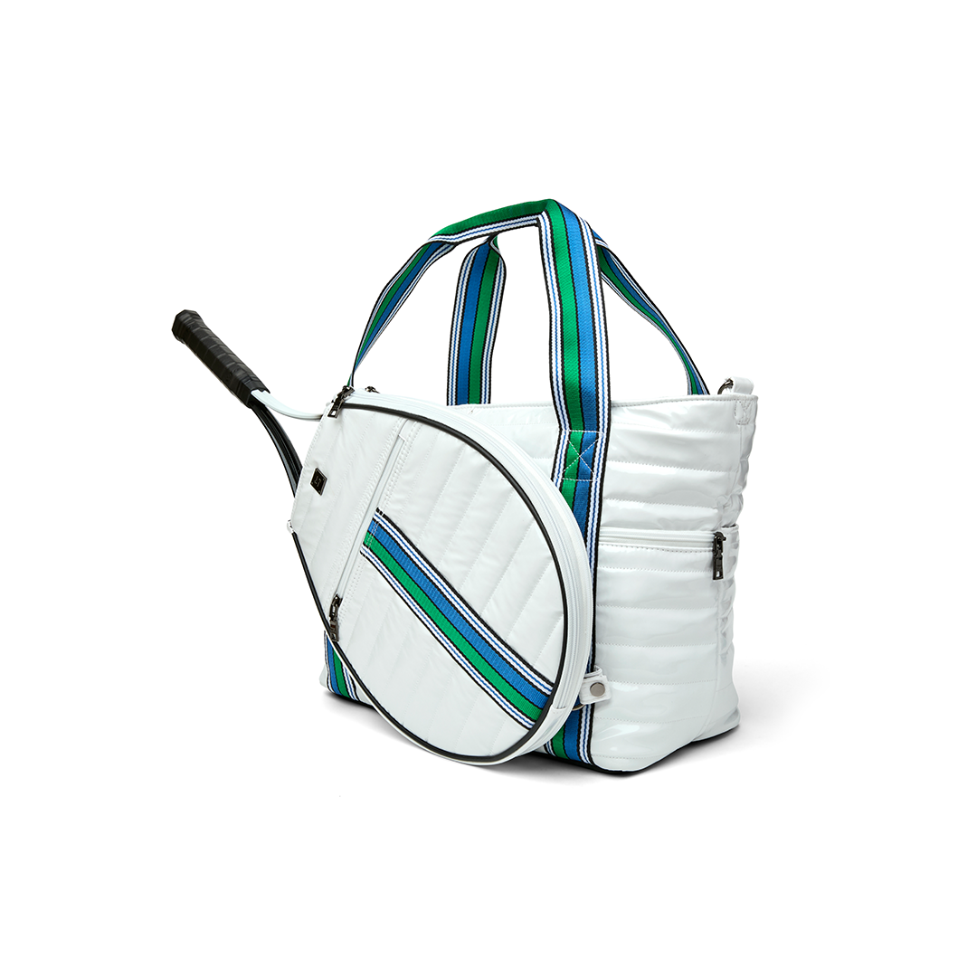 Black patent Love Royln tennis bag by Think Royln featuring sleek design and spacious compartments for tennis gear.