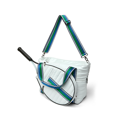 Black patent Love Royln tennis bag by Think Royln with sleek design and spacious compartments for tennis gear.
