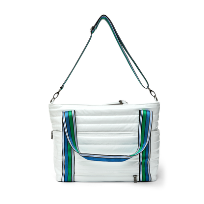 Black patent Love Royln tennis bag by Think Royln with handles and compartments, designed for stylish sports storage.