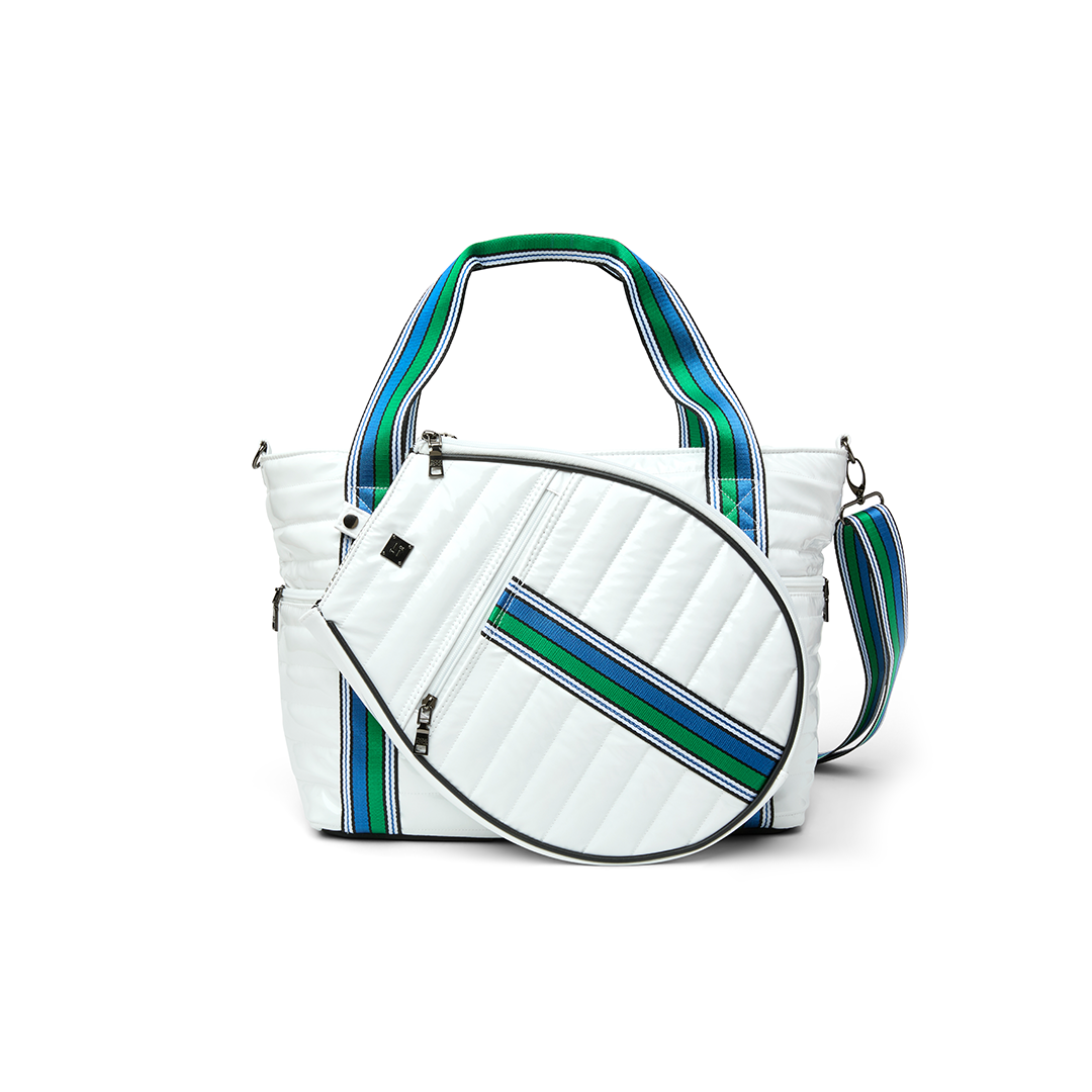 Black patent Love Royln tennis bag by Think Royln with sleek design and spacious compartments for tennis gear.